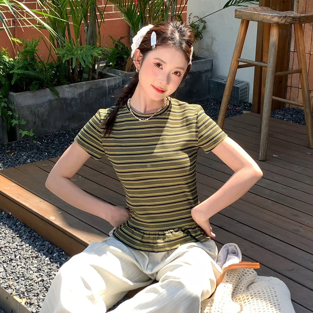 【尔给】夏季新款简约条纹木耳拼接百搭显瘦短袖T恤上衣女20796