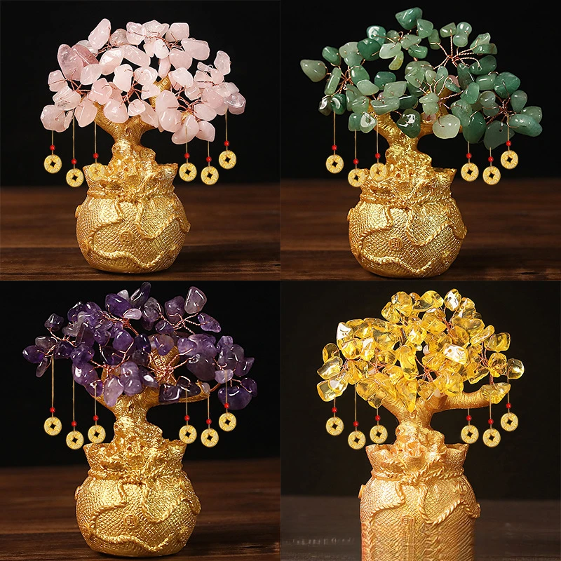 厂家直销创意黄水晶招财树钱袋树发财树摇钱树商务工艺礼品摆件