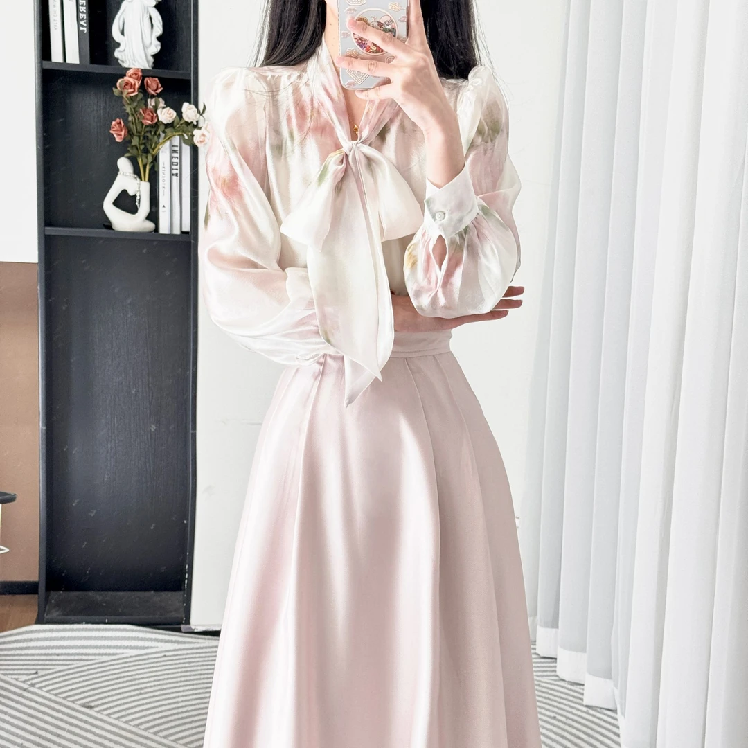 拉夏贝尔25秋季温柔印花设计显瘦仙气法式衬衫+半身裙 10325 LSC