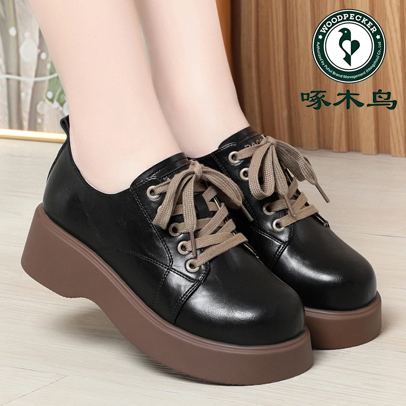 啄木鸟系带小皮鞋女春秋新款松糕底单鞋厚底复古乐福鞋英伦风女鞋