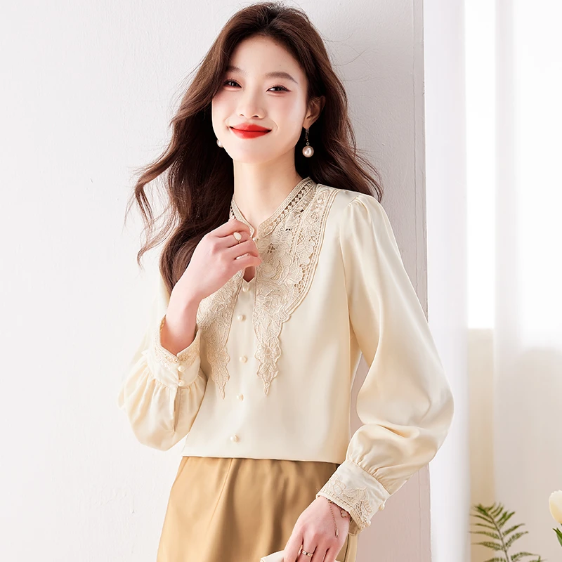 2025早春套头V领重工刺绣纯色缎面高质感长袖上衣女衬衫气质8220