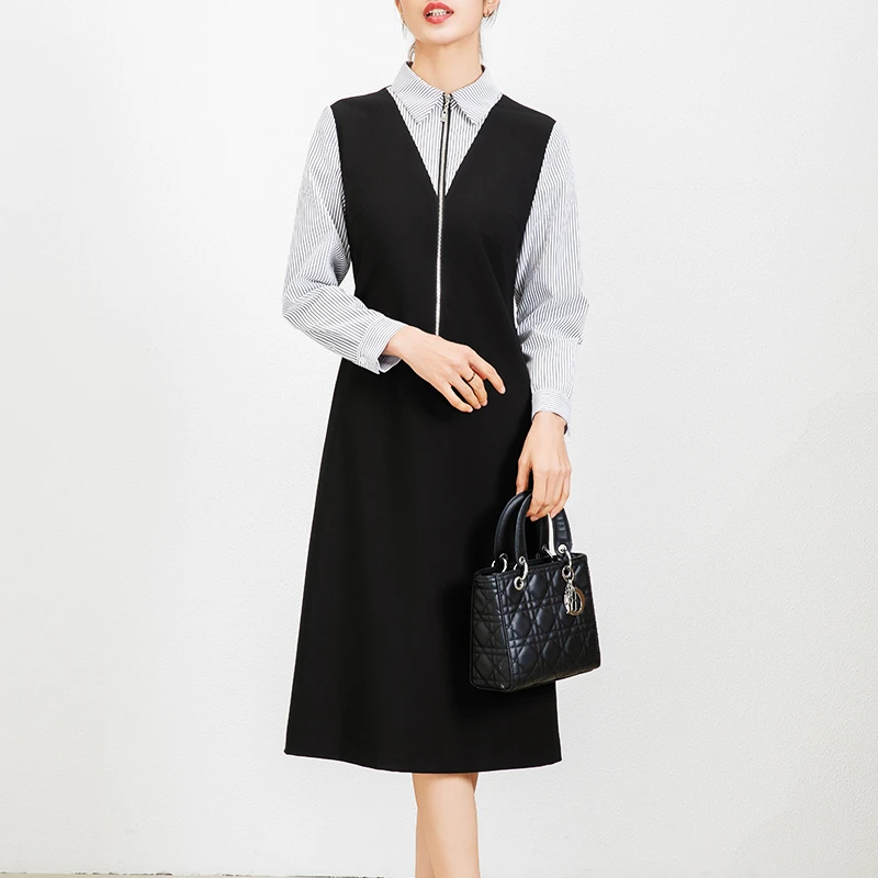 28560 春季亲肤假两件连衣裙修身显瘦时尚设计感方领裙子收腰气质