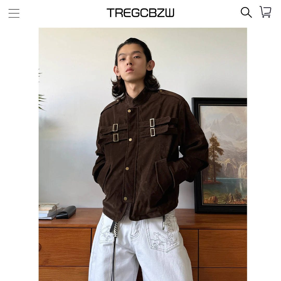 CBZW美式复古仿麂皮boxy短款夹克男猎装绑带设计感正肩外套痞帅潮