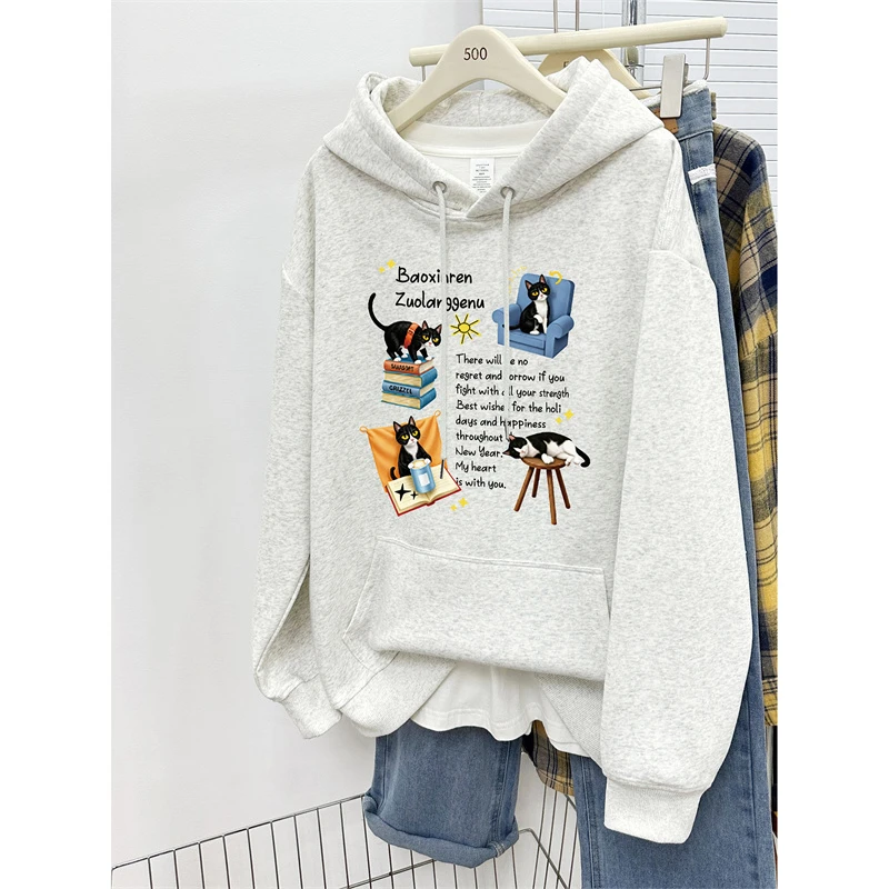 灰色猫咪印花加绒加厚连帽卫衣女秋冬款韩版宽松大码慵懒风上衣潮