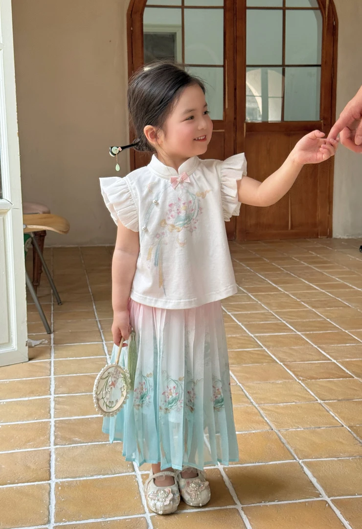 H252012 女童夏季新款新中式国风洋气甜美不染莲套装