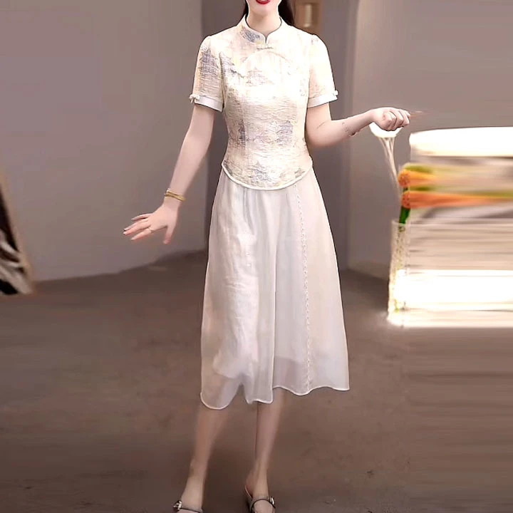 莱塞尔面料新中式国风古韵连衣裙2025夏季新款修身假两件气质裙子