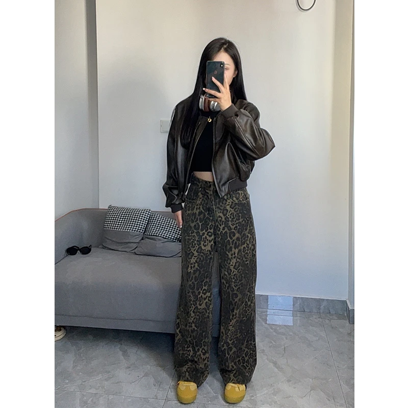 美式豹纹高腰阔腿牛仔裤女2025春季新款潮流百搭显瘦直筒裤蛮腰纪