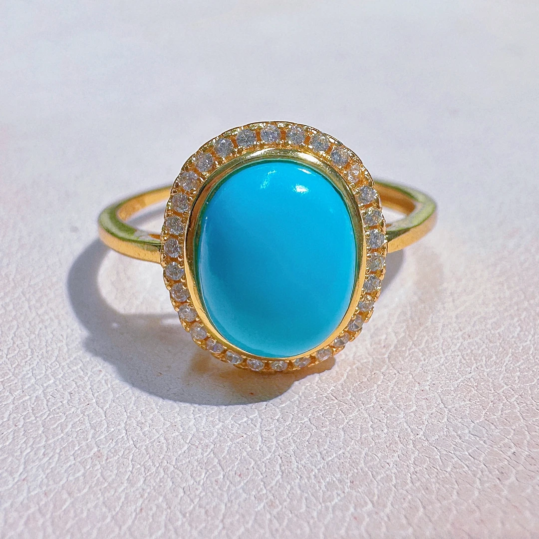 7509绿松戒指高瓷暴力蓝大蛋面经典戴妃时尚优雅蓝色复古简约925