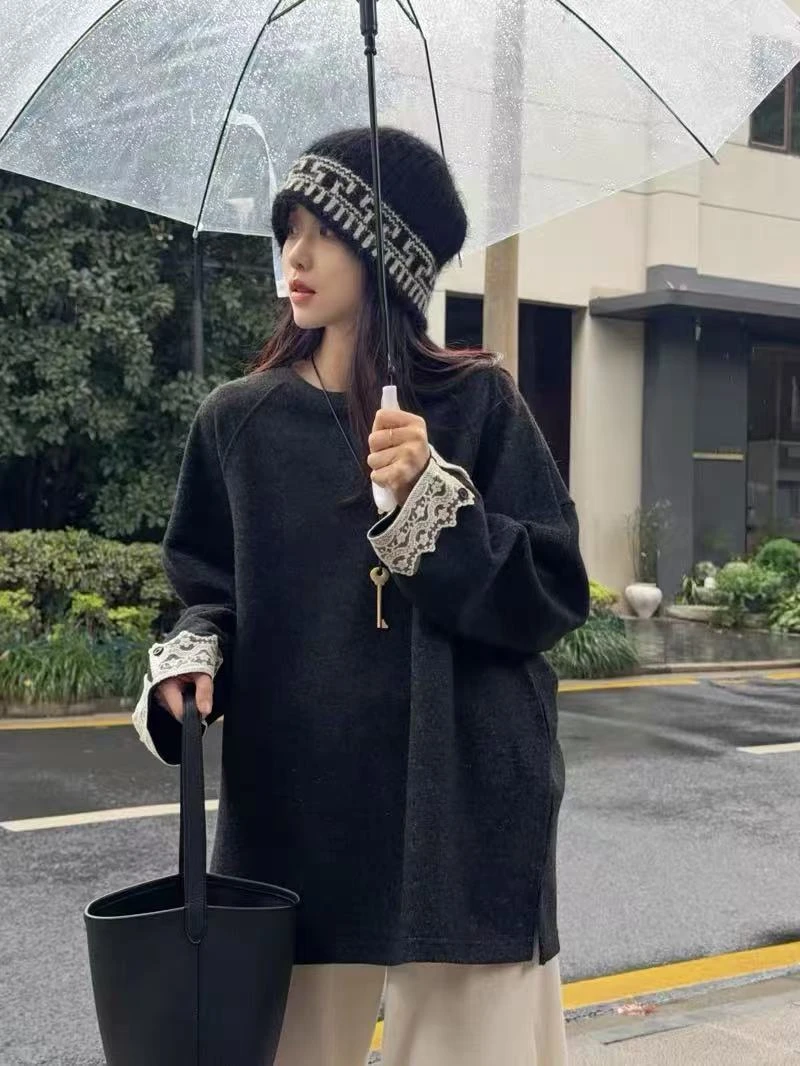 阿悄家 冬季加绒羊毛呢蕾丝袖长款打底衫#25275