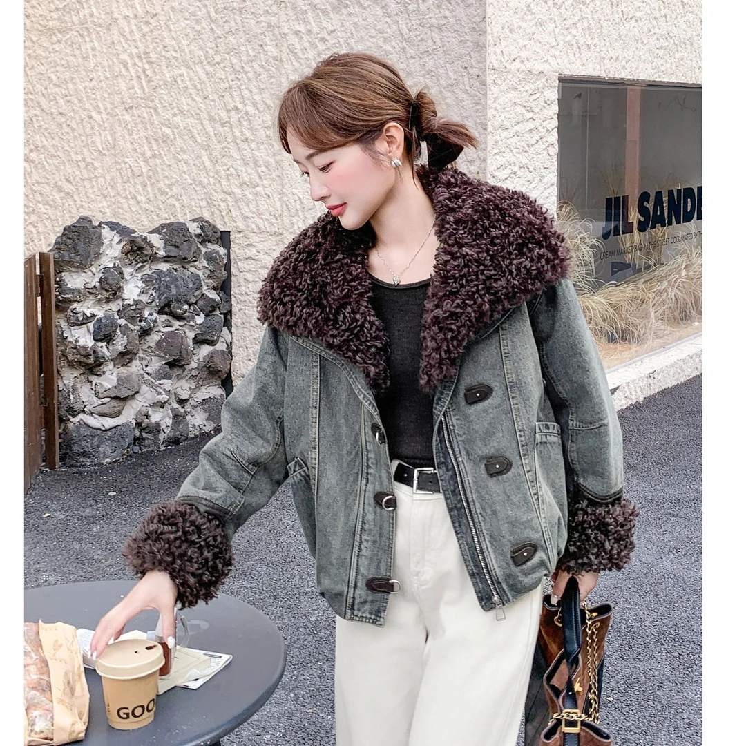 大翻领加棉派克复古牛仔外套女短款加绒加厚2025新款冬季棉衣棉服