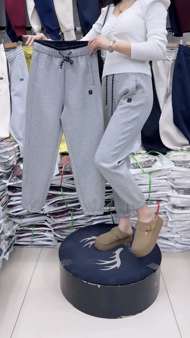 3472春款空气棉春秋休闲女裤拼色松紧腰束脚萝卜裤2025百搭哈伦裤