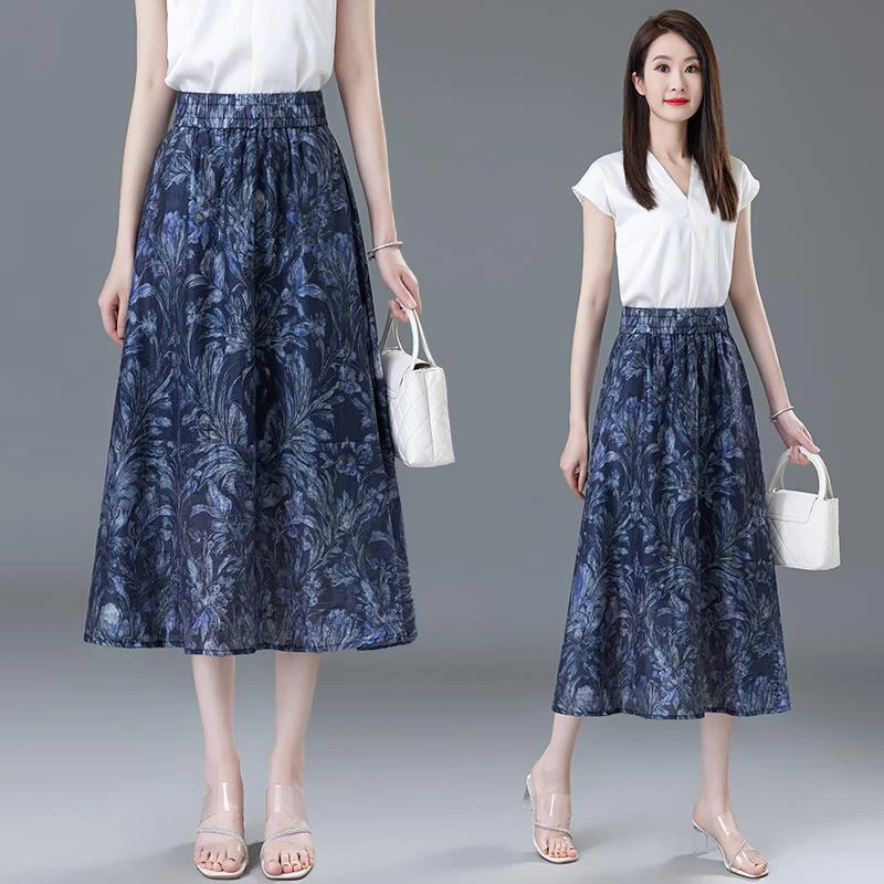 鸢尾兰印花亚麻半身裙女薄款2025夏季新款百褶a字垂坠感花苞裙子