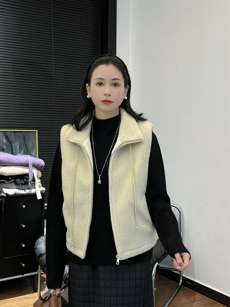 【Si&华严选】韩版抽绳时尚夹棉毛绒马甲宽松立领拉链保暖外套16858