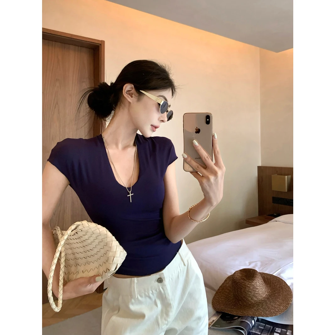 夏季新款纯欲气质U领露锁骨紧身短袖上衣弹力显瘦修身百搭短款T恤