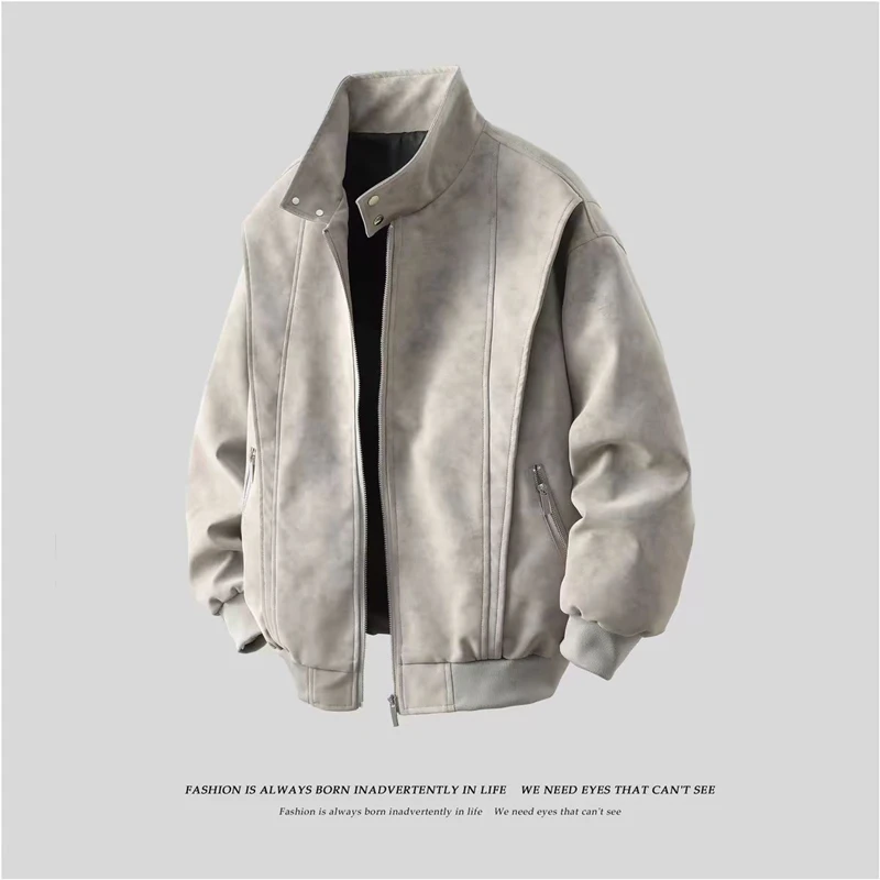 MTVO迈特优春秋季美式复古立领皮夹克男宽松百搭休闲皮衣立领外套