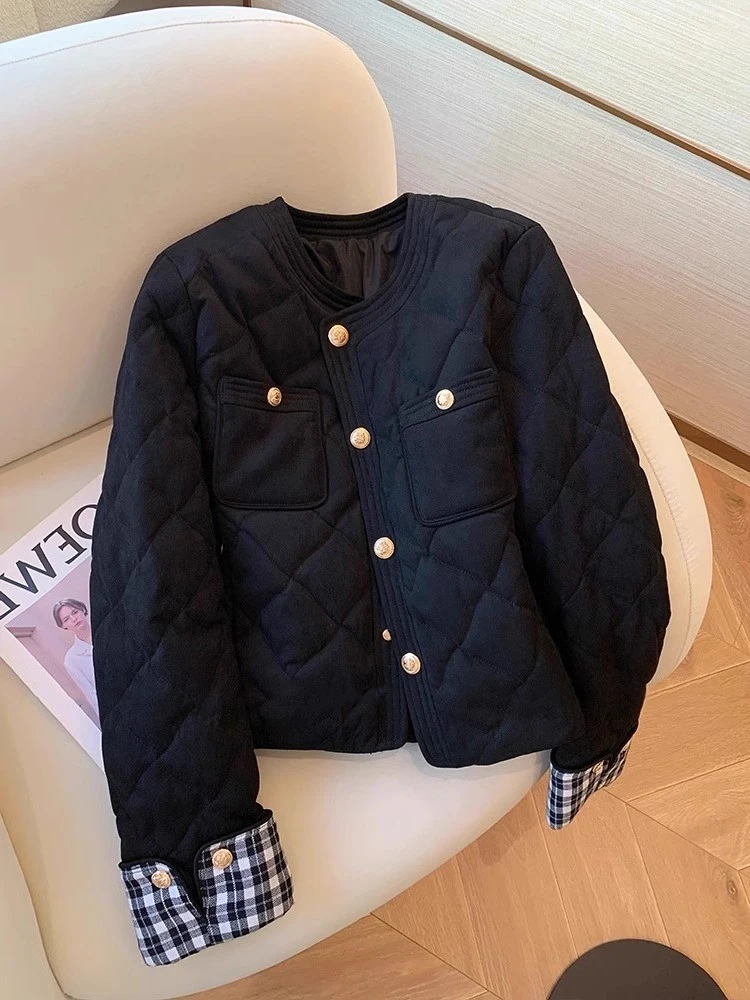 小香风高级感黑色圆领棉服秋冬季复古气质休闲百搭短款棉衣外套女