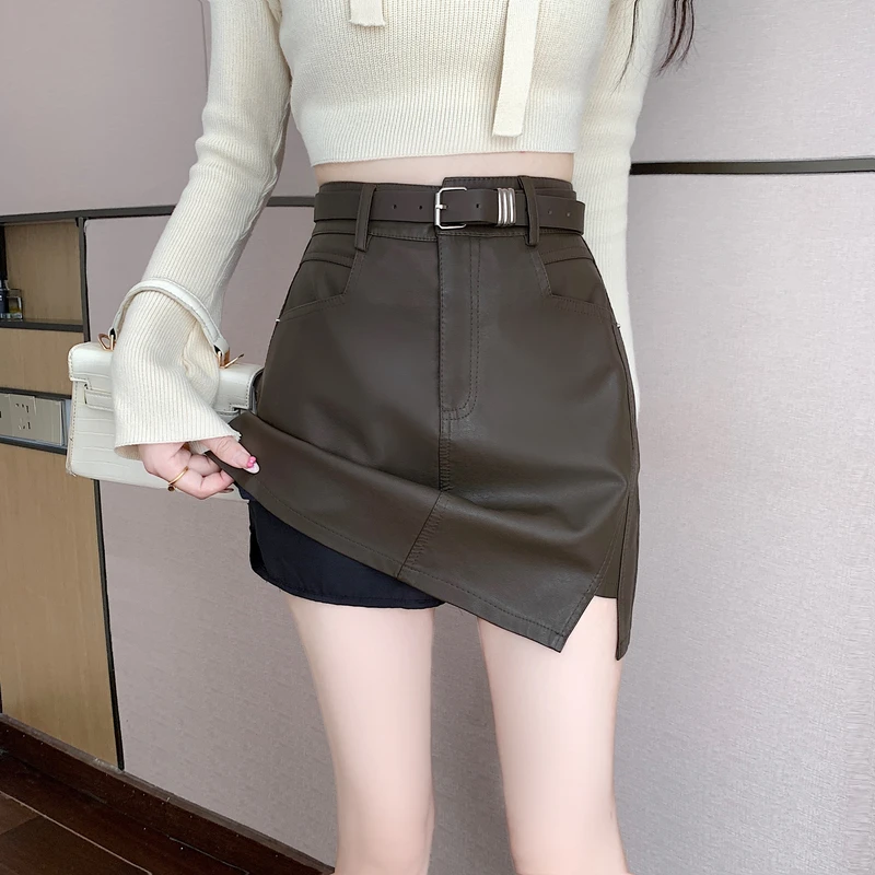 黑色开叉pu皮裙短裙女秋季2025新款韩版小个子裙子显瘦包臀半身裙