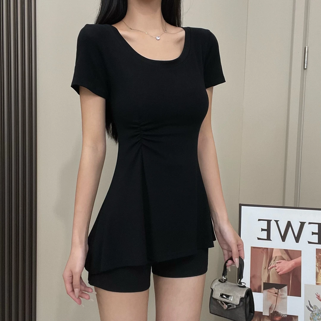 【现货】夏新款圆领T裙掐腰小众设计感正肩T桖女时尚百搭显瘦上衣女