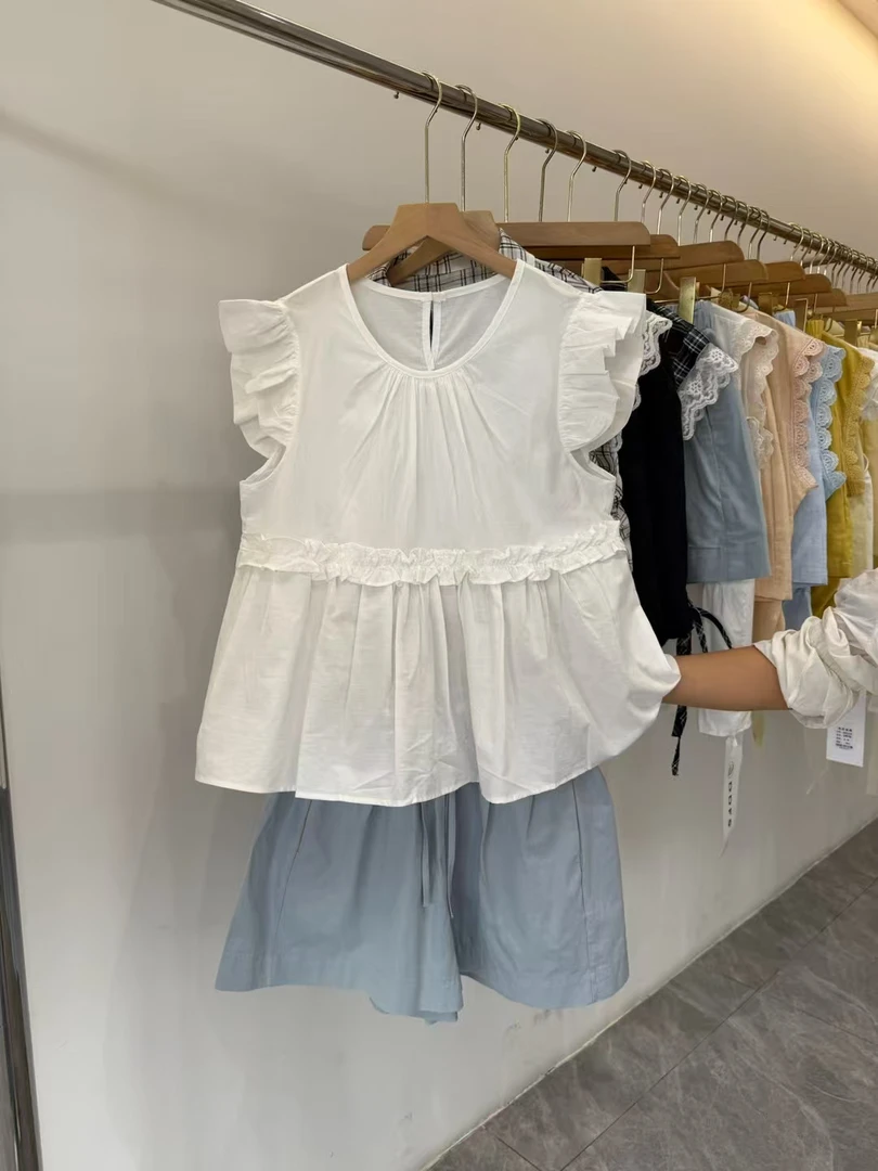 法式小众飞飞袖格子衬衫女夏季新款洋气时尚短款上衣