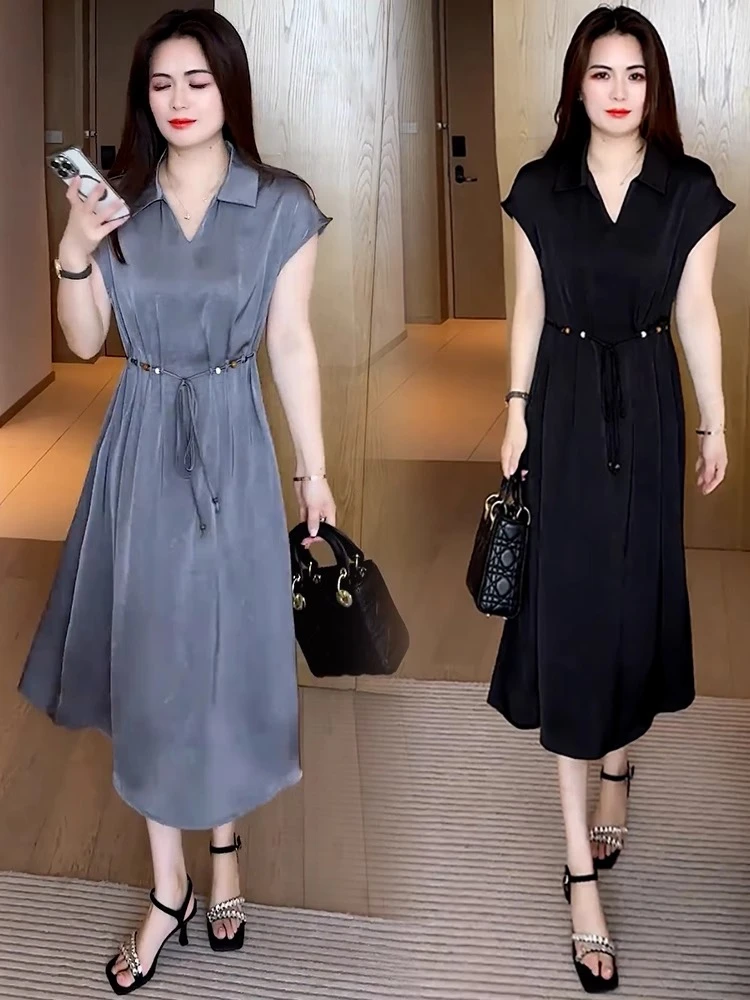 时尚洋气连衣裙女2025夏季新款气质减龄收腰显瘦翻领短袖中长款裙
