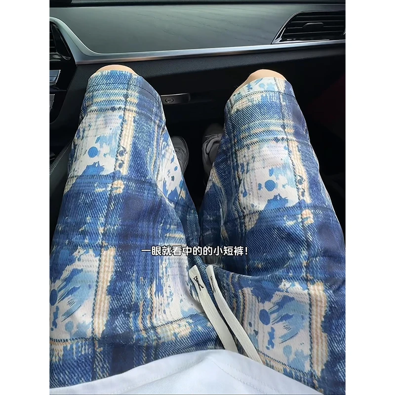 美式小众扎染绿色格子短裤男夏季vintage复古休闲五分裤直筒裤衩