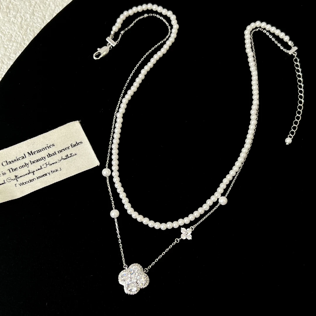 铜合金锆石项链 爆闪四叶草双层项链602