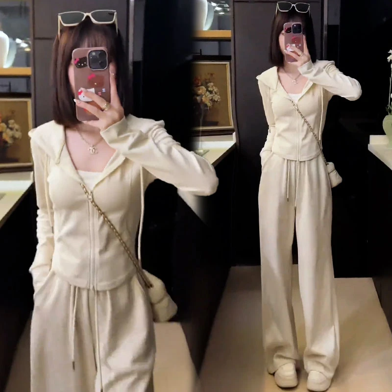 高含棉时尚休闲套装女2025年春秋新款收腰显瘦开衫阔腿裤两件套潮