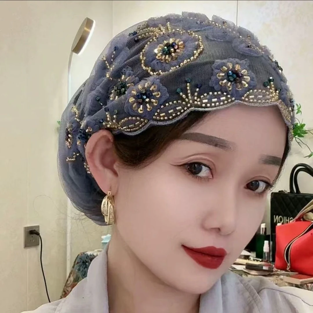 夏季新款手工串珠刺绣民族风蕾丝流苏鱼尾包头时尚洋气高档头巾帽