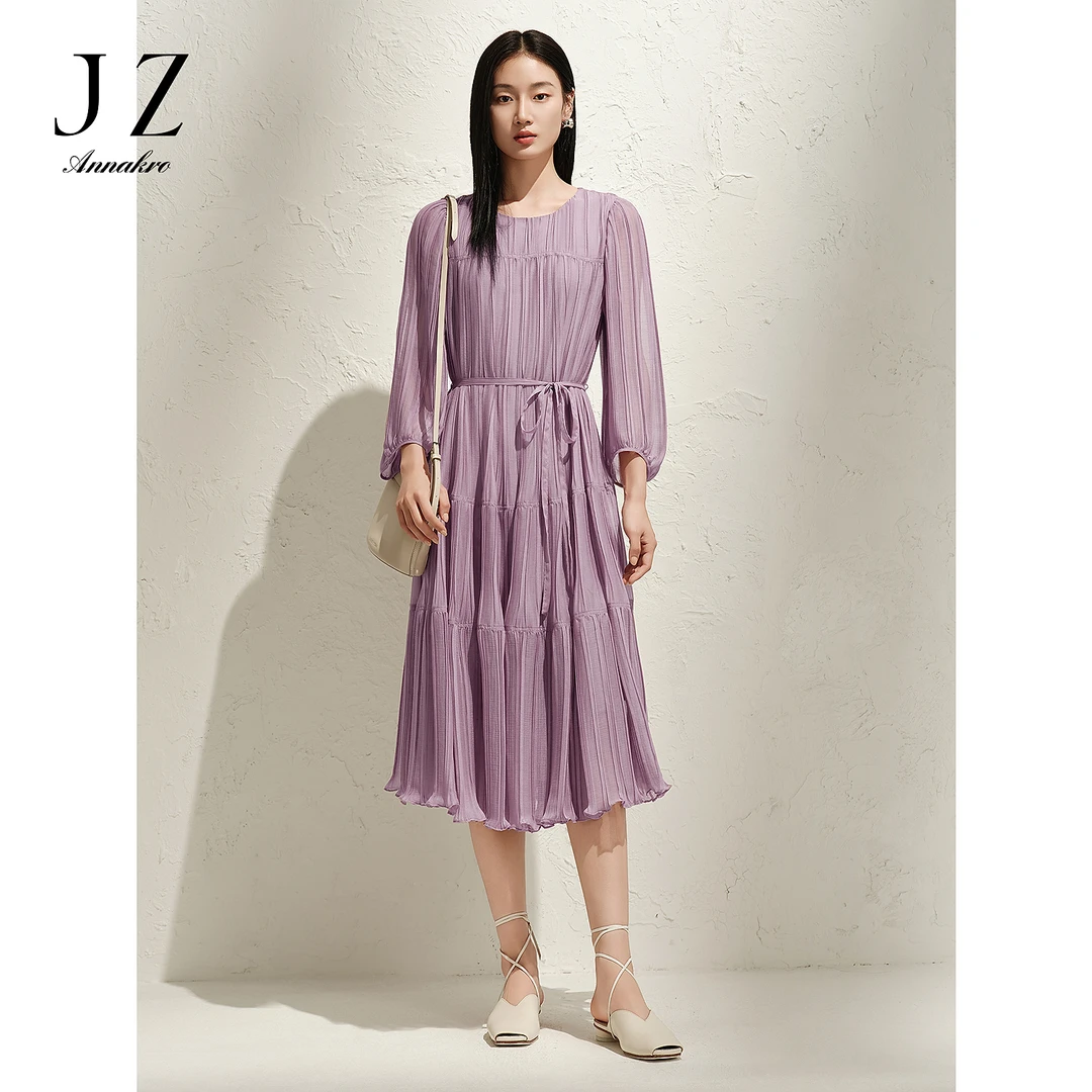 玖姿安娜蔻KWFC50023浪漫压褶竹节肌理收腰连衣裙蛋糕裙女2025