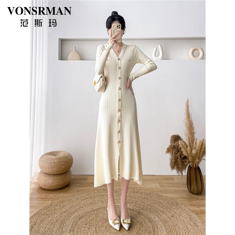 VONSRMAN赫本风黑色V领连衣裙2025秋季新款时尚高级内搭气质修身