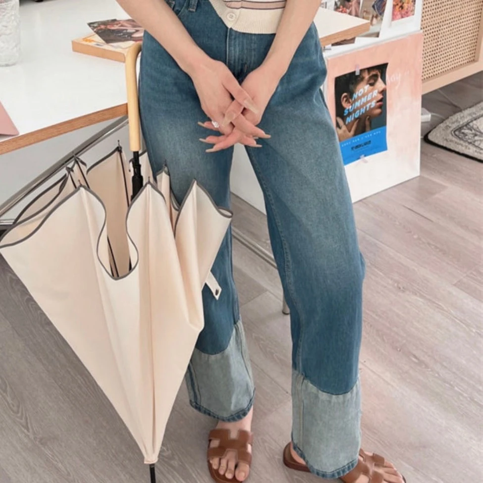 新款时尚百搭韩版休闲宽松返底脚直筒牛仔裤女士长裤子N-2136