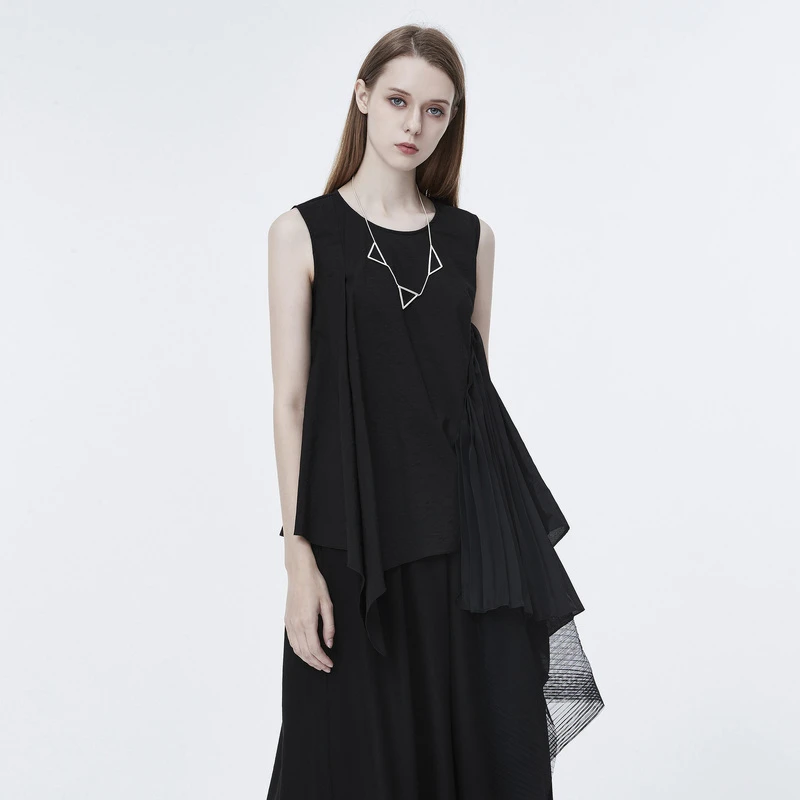 S·DEER圣迪奥女装夏季时尚不规则休闲肌理网纱无袖衬衫S20280602