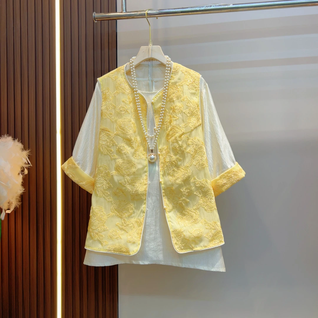 春夏季新款拼接复古时尚套装春夏时尚绣花夏季短款新中式提花0088