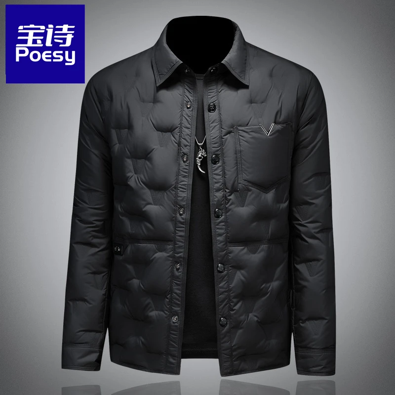 宝诗秋冬季新款轻薄羽绒服男衬衫式翻领外套高端轻奢鸭绒服上衣潮