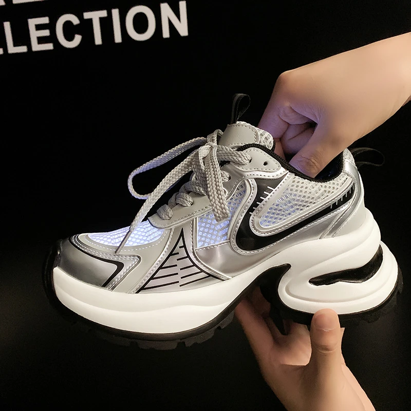 赵露思同款~2025爆款透气银色厚底增高老爹鞋明星同款百搭鞋子