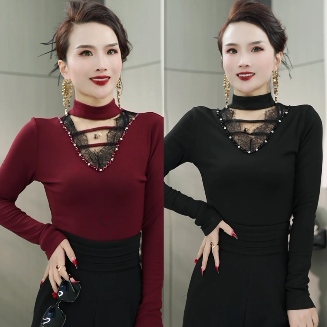 【赫啦美】新款时尚百搭设计款性感钉珠V领蕾丝上衣女