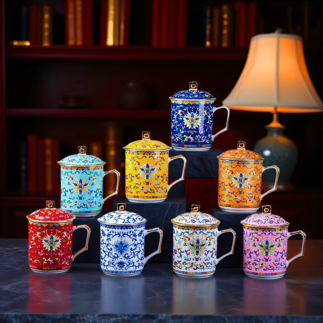 【三色可选】珐琅彩宫廷风缠枝莲马克杯家用大容量带盖办公杯老板杯