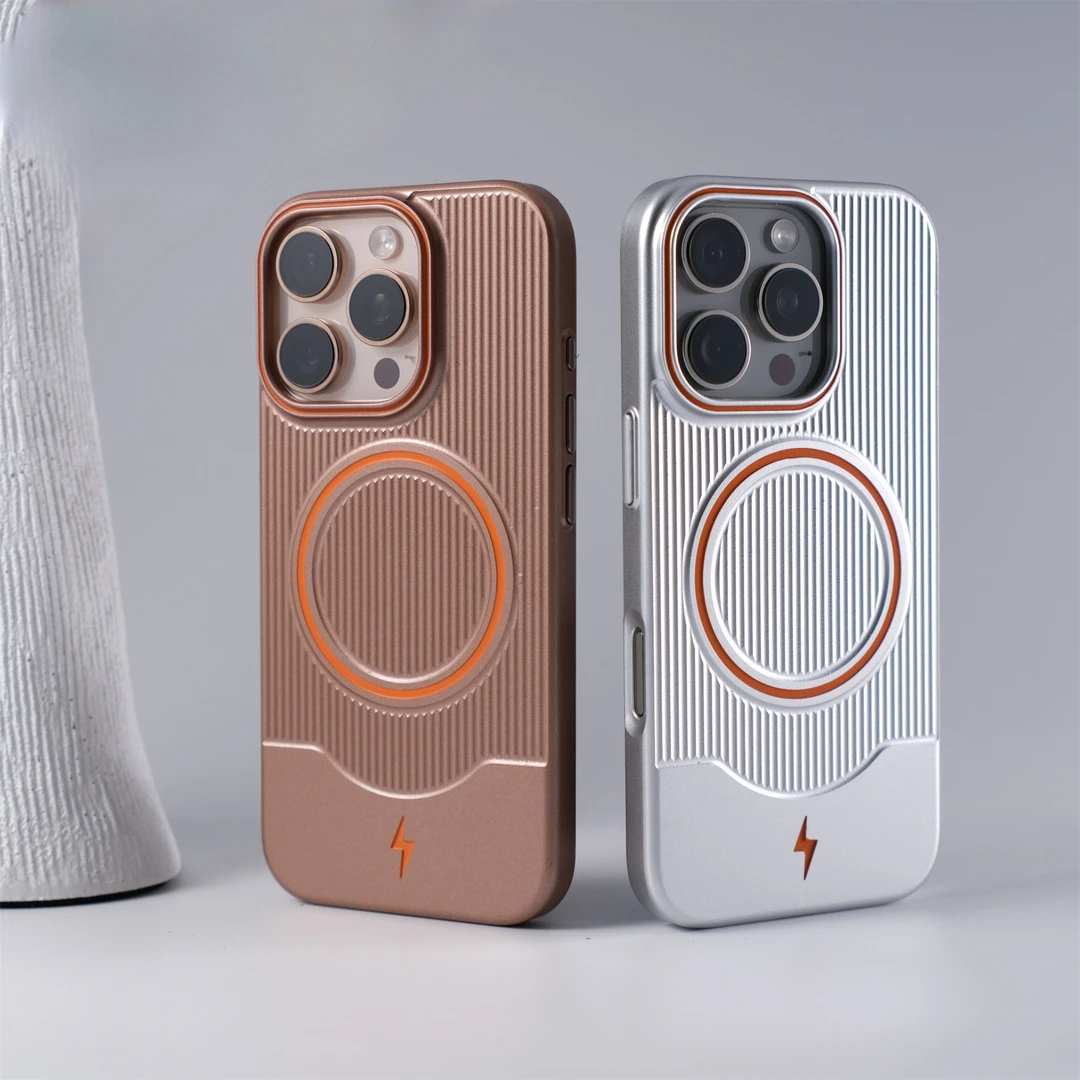 适用苹果16promax瓦楞金属漆磁吸手机壳iPhone15撞色高级感保护套