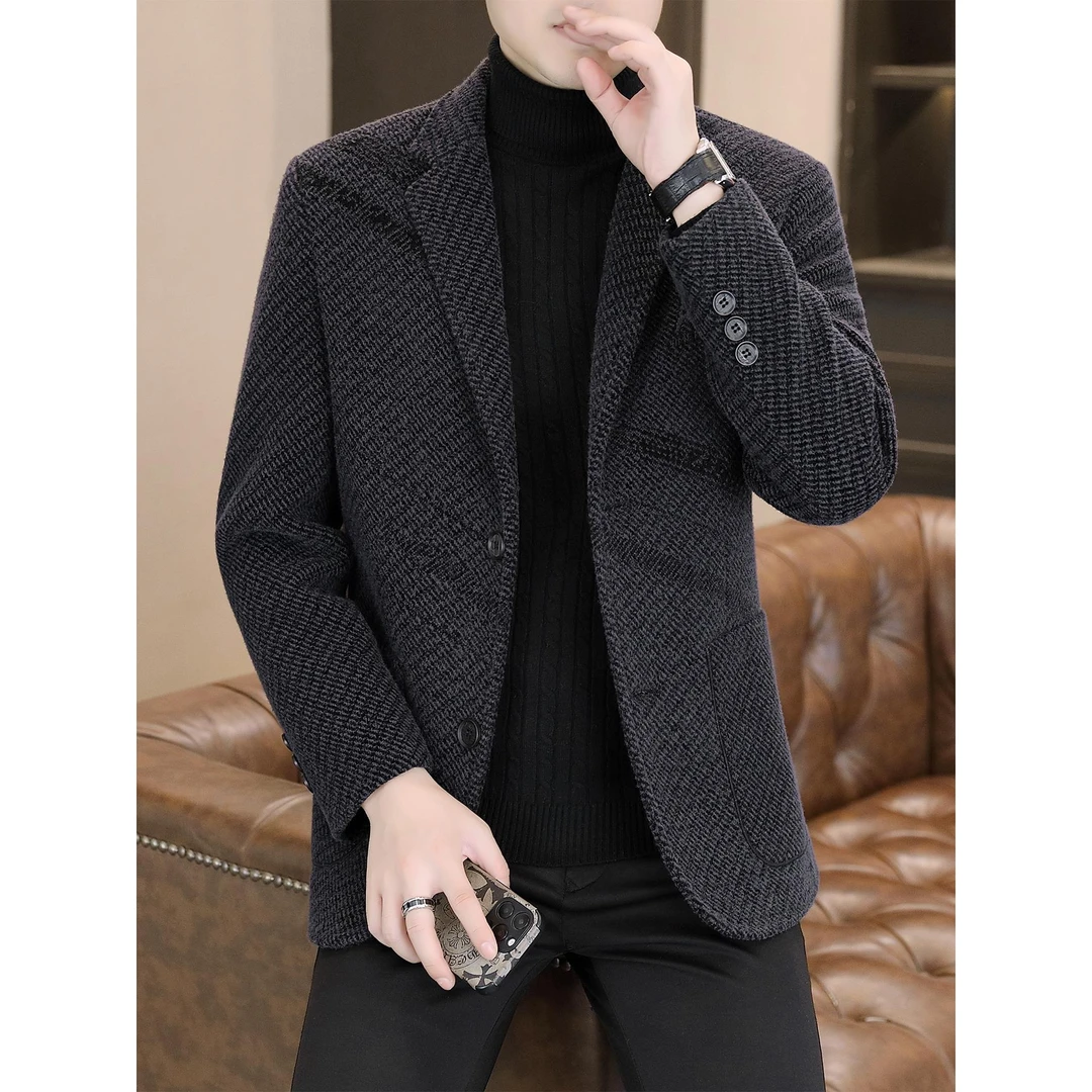 轻奢痞帅男装秋冬西服外套男款韩版免烫毛呢加厚休闲呢子外套西装