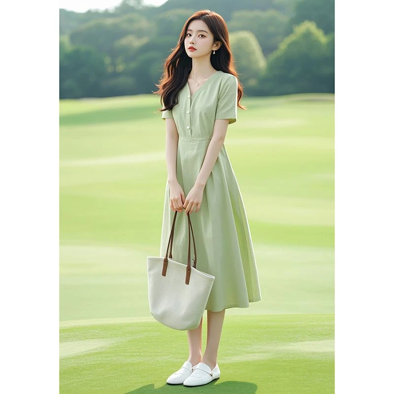 法式端庄大气小个子显高海边度假绿色v领收腰纯色连衣裙子夏长裙
