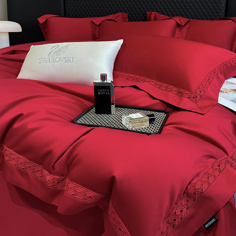 轻奢高级玫瑰红长绒棉四件套镂空100全棉简约婚庆被套柔软床用品4