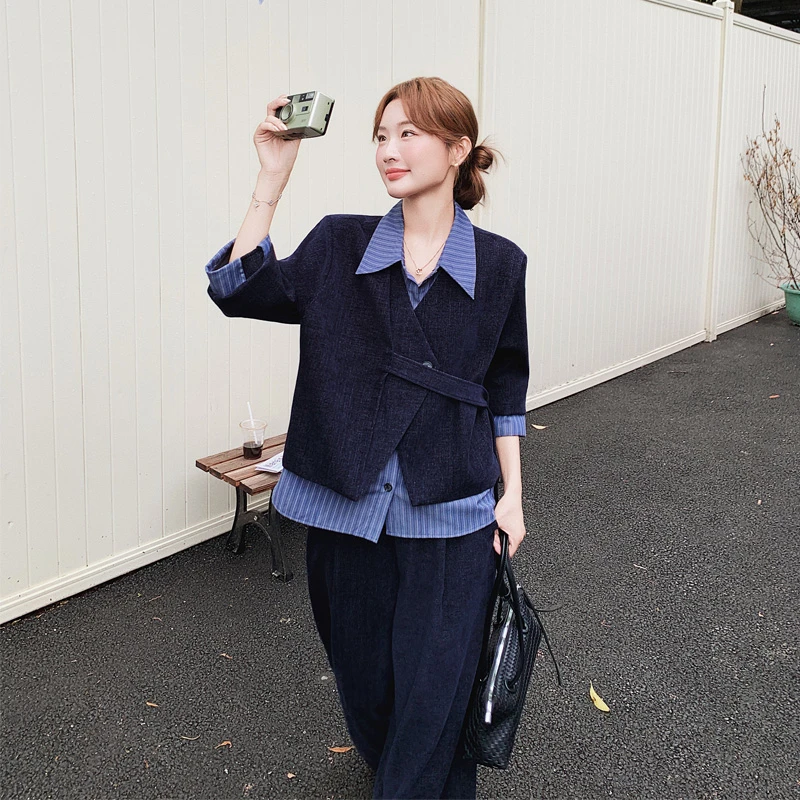 小众韩系风撞色假两件上衣阔腿裤2025秋新款松弛感ins通勤风套装