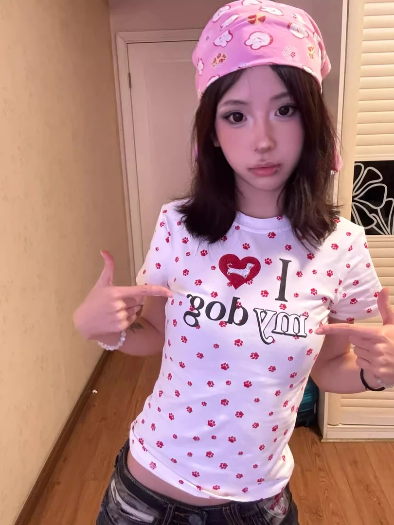 美式正肩短袖女夏季新款可爱印花修身显瘦辣妹t恤圆领短款上衣潮