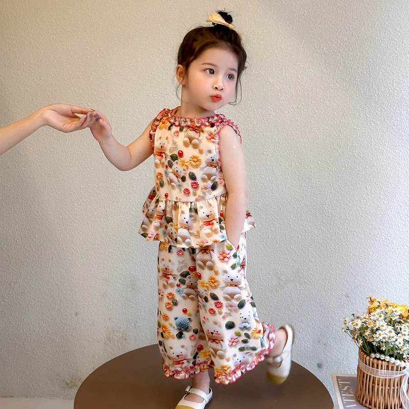 女童碎花套装2025新款儿童夏装洋气小熊薄款宝宝夏季阔腿裤两件套