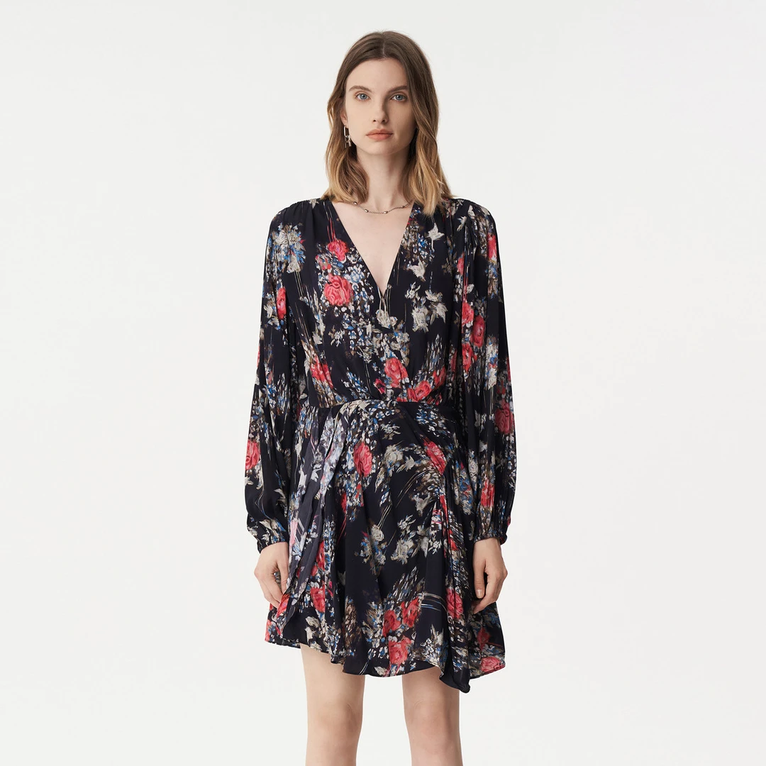 【晨粉专享价】IRO NIGHT印花深V领泡泡袖连衣裙女裙子碎花裙