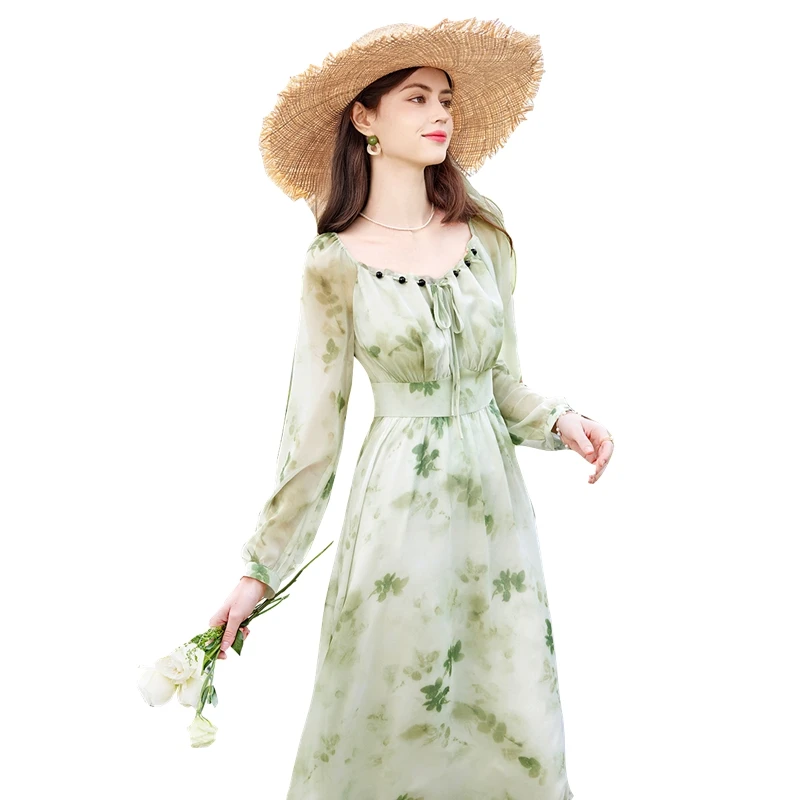 【欧若风】印花连衣裙2025春装新款女长袖高腰中长裙T51Z0253LB