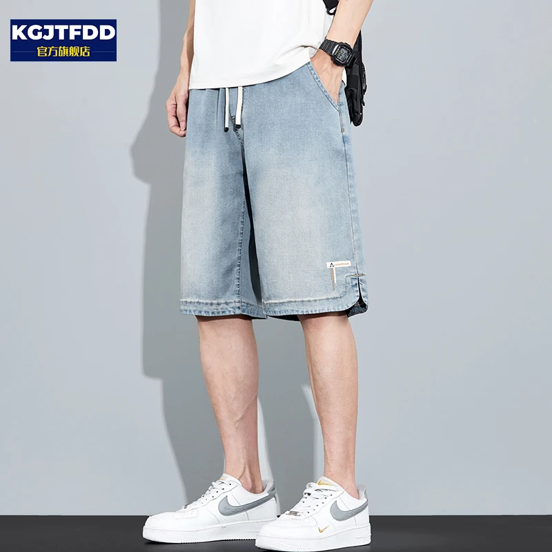 天丝凉感牛仔短裤男士冰丝夏季薄款透气宽松直筒五分休闲中裤子男