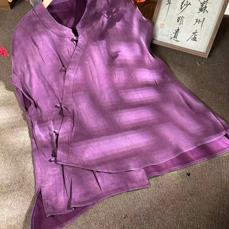 夏季新款新中式国风立领斜偏门襟气质挂霜短袖上衣