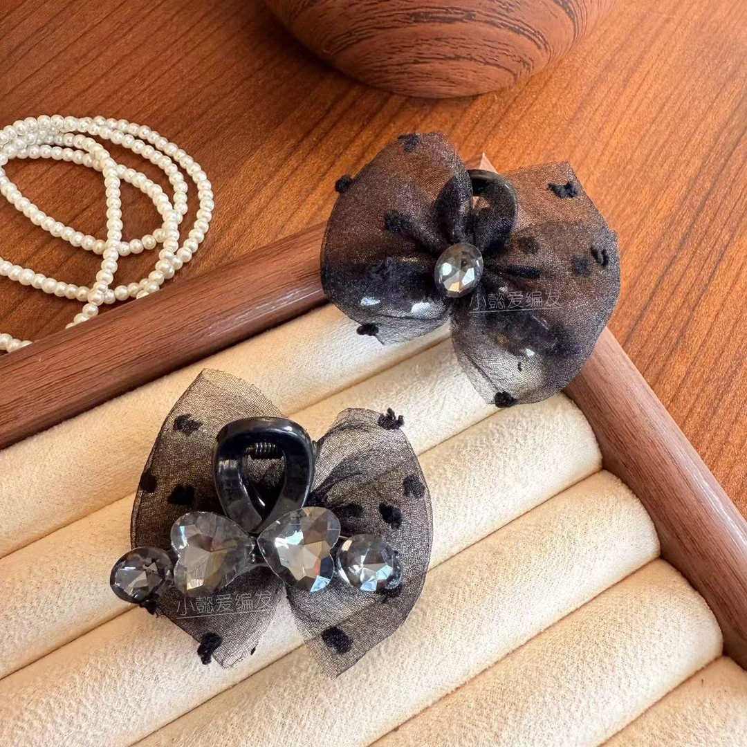 小懿家专属轻奢高级感 AB面爱心水钻满天星网纱蝴蝶泡泡抓夹4.5cm