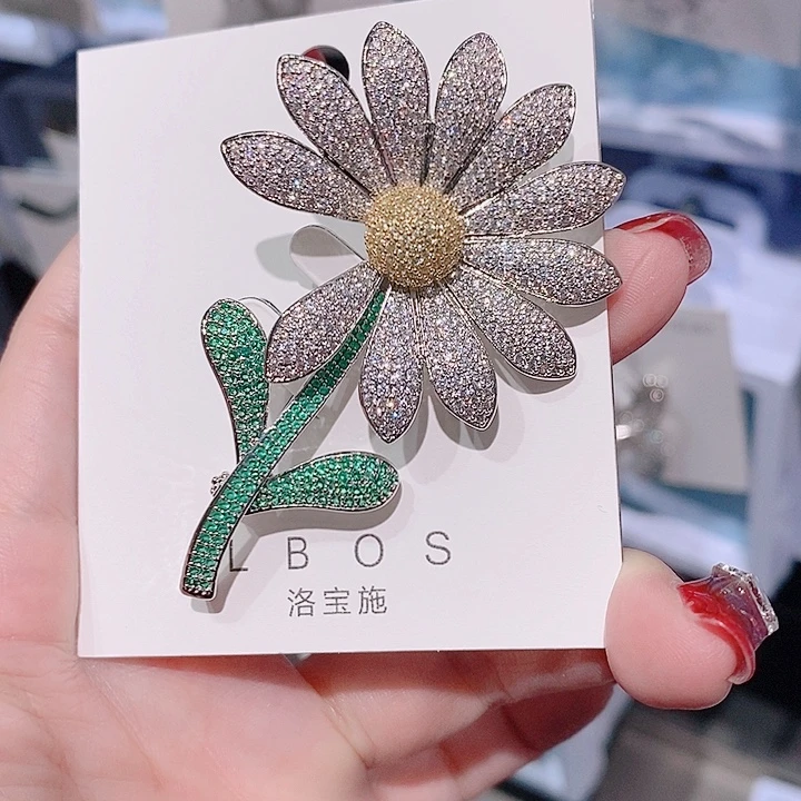 锆石铜合金向日葵胸针 带叶子
